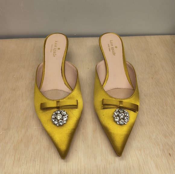 kate spade Shoes - Kate Spade Darlene Yellow Satin Bow Jewel Pointed Toe Kitten Heel Mules Size 8